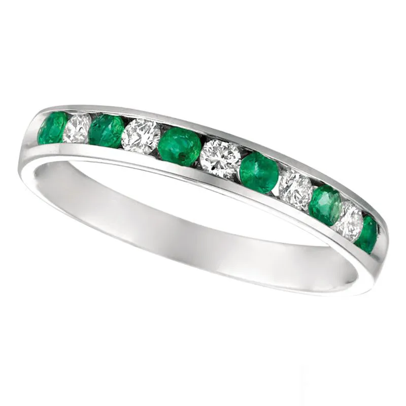 0.60 Carat Natural Diamond & Emerald Ring Band 14K White Gold