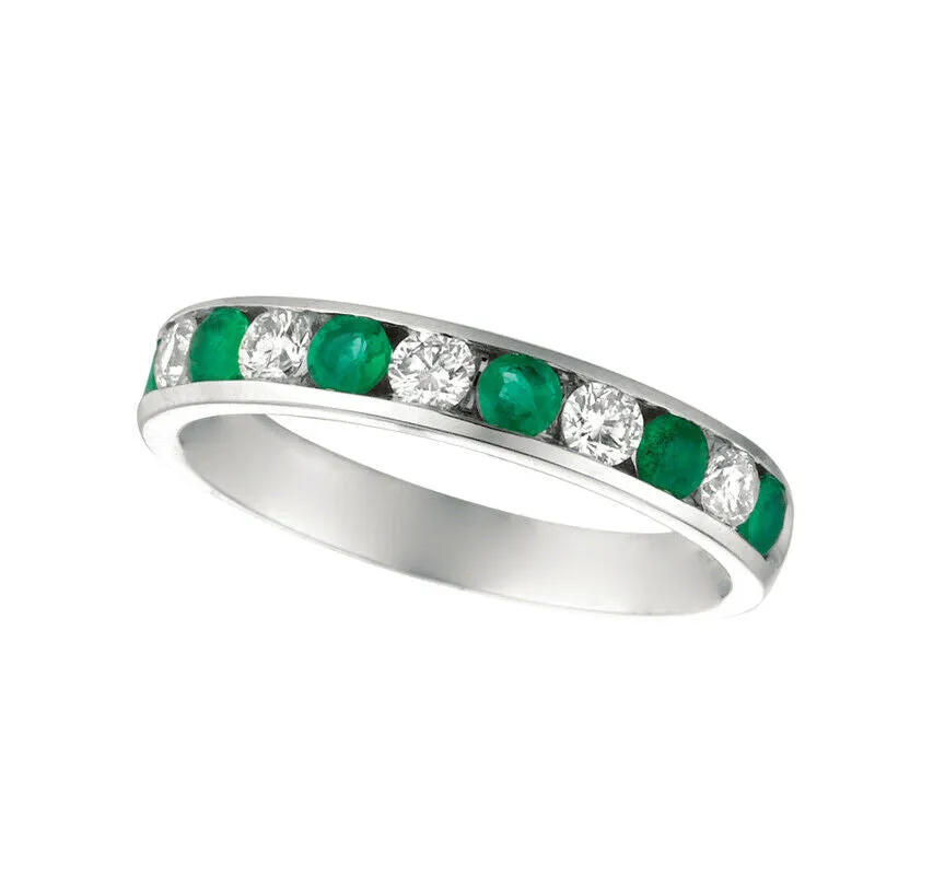 0.80 Carat Natural Emerald & Diamond Ring 14K White Gold