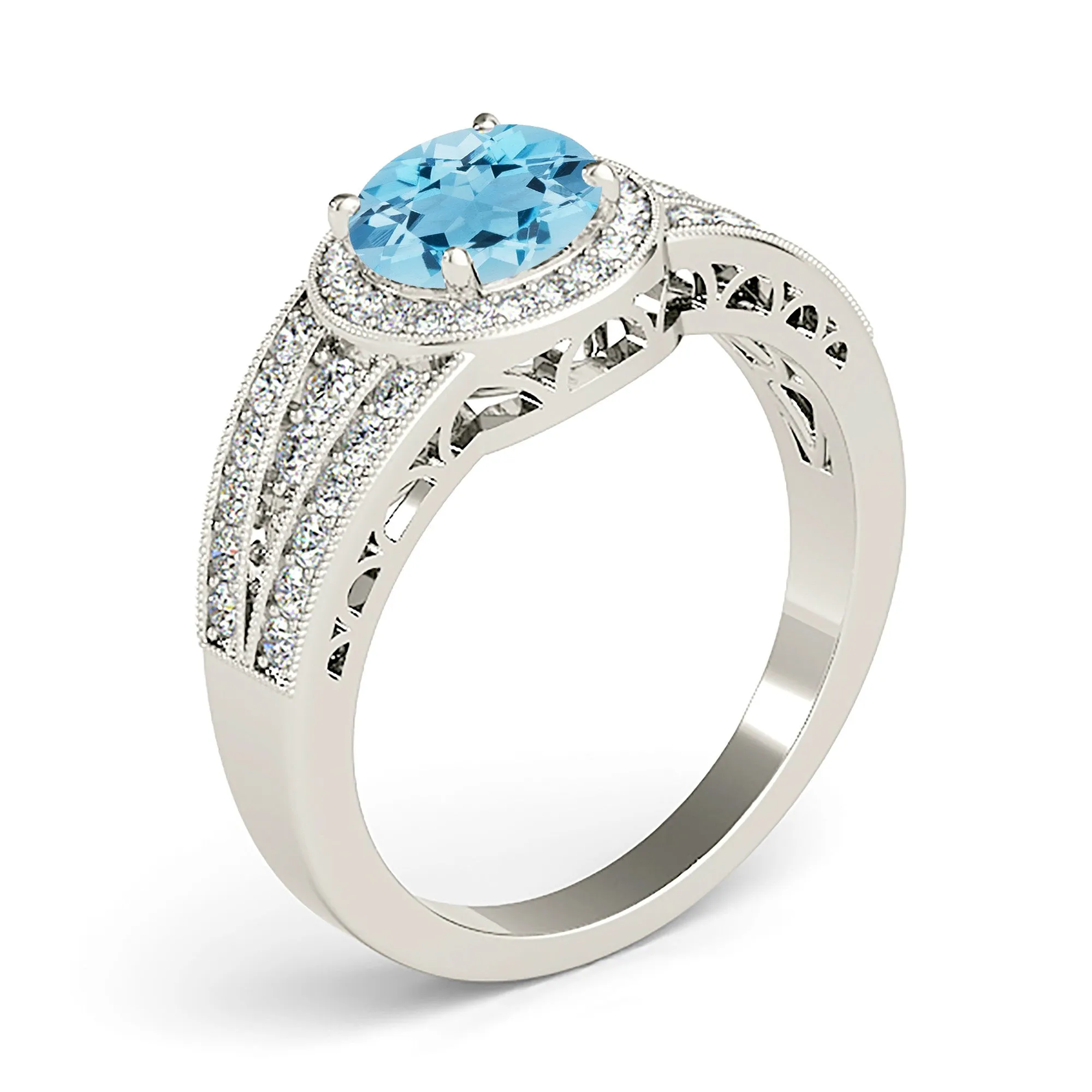 1.10 ct. Genuine Aquamarine Ring With Halo, Graduating Diamond Band