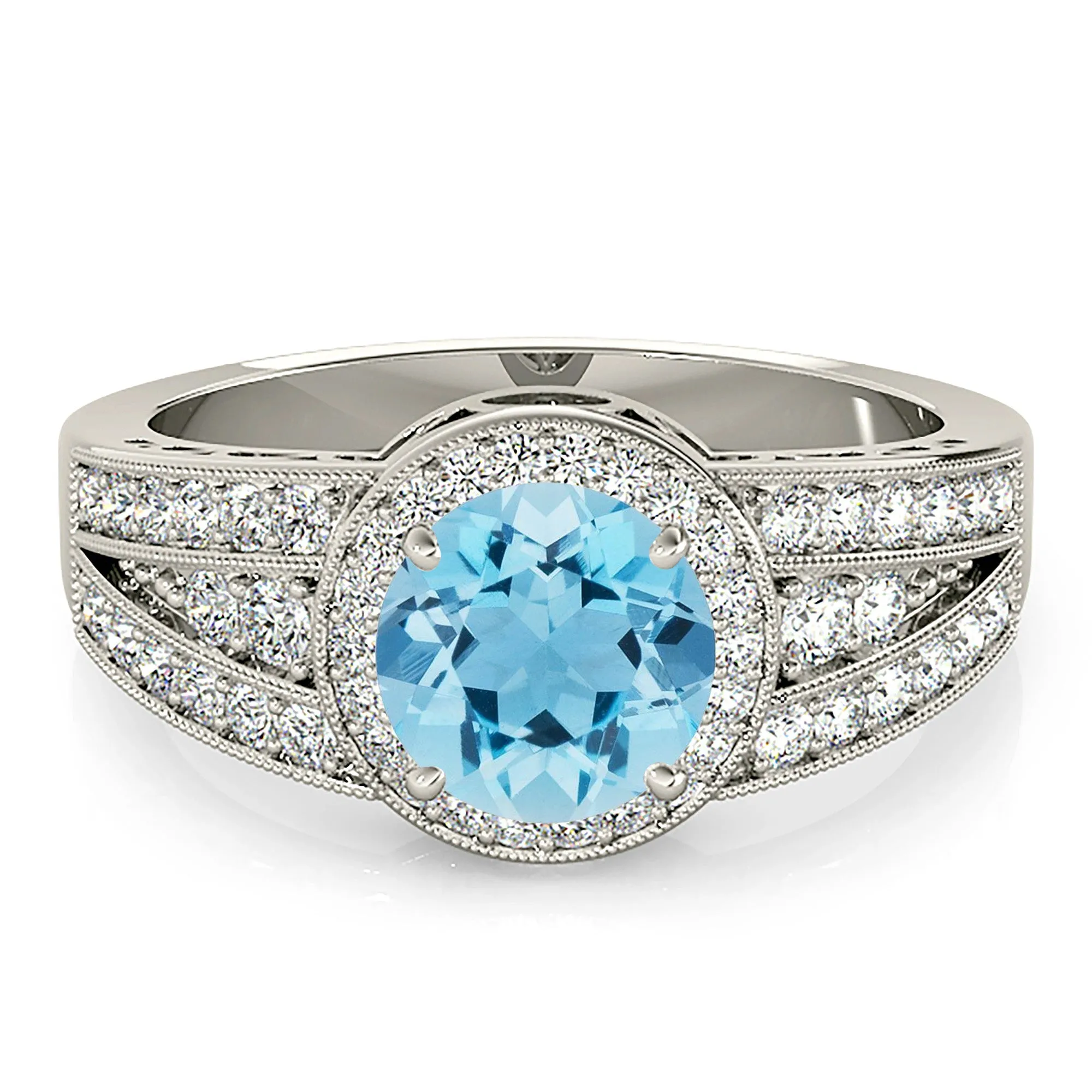 1.10 ct. Genuine Aquamarine Ring With Halo, Graduating Diamond Band