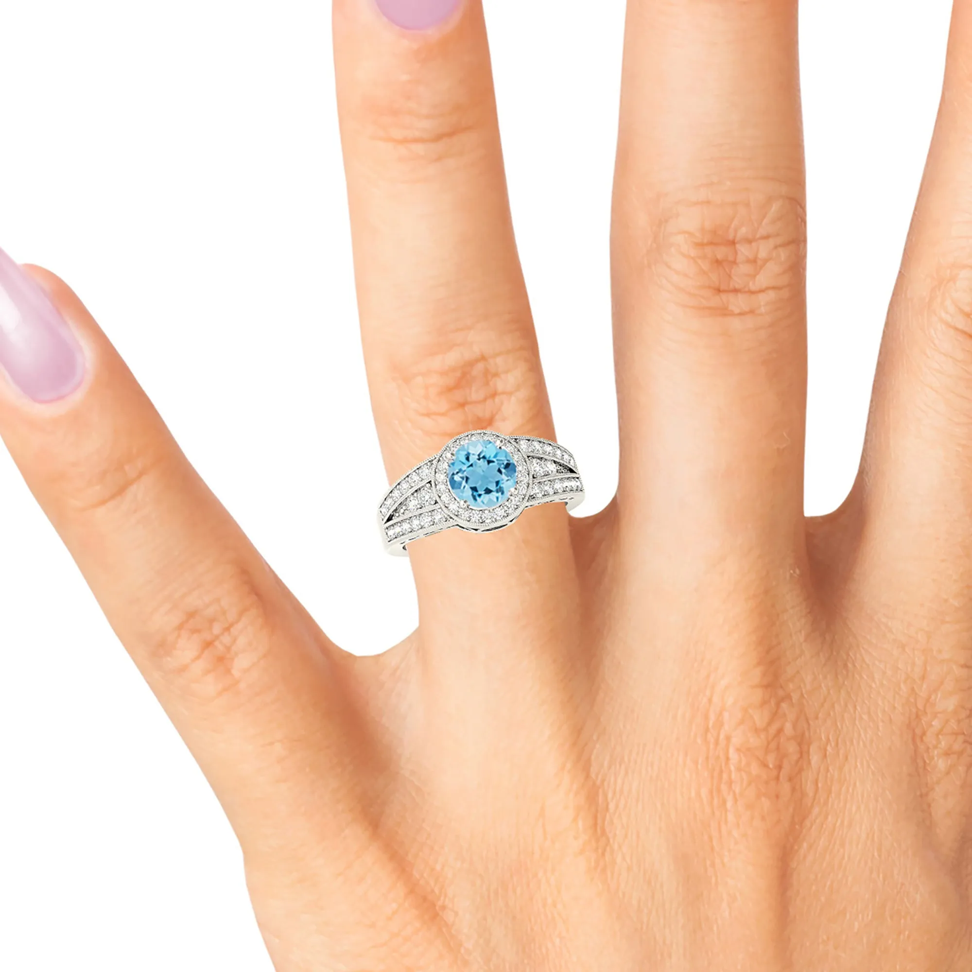 1.10 ct. Genuine Aquamarine Ring With Halo, Graduating Diamond Band
