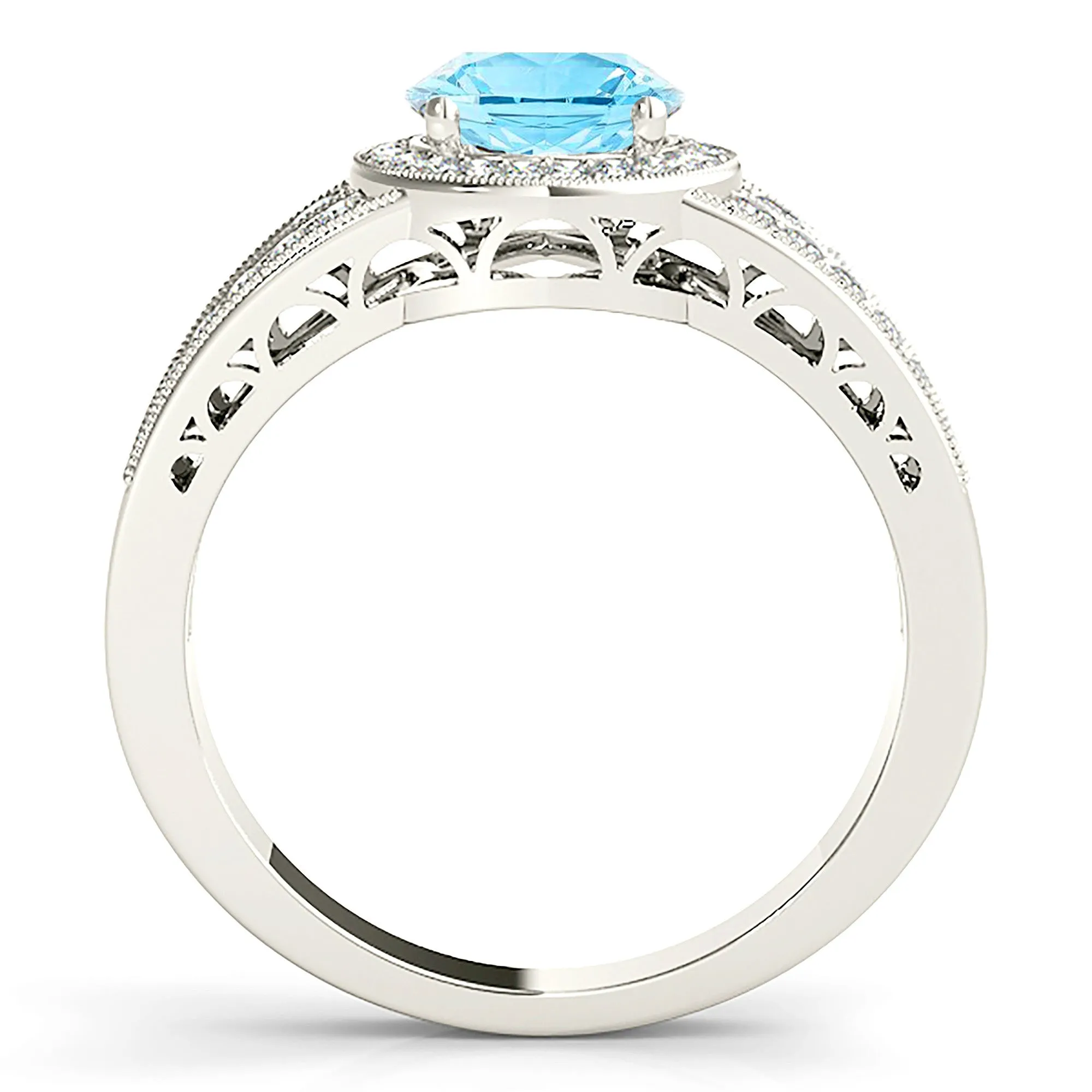1.10 ct. Genuine Aquamarine Ring With Halo, Graduating Diamond Band