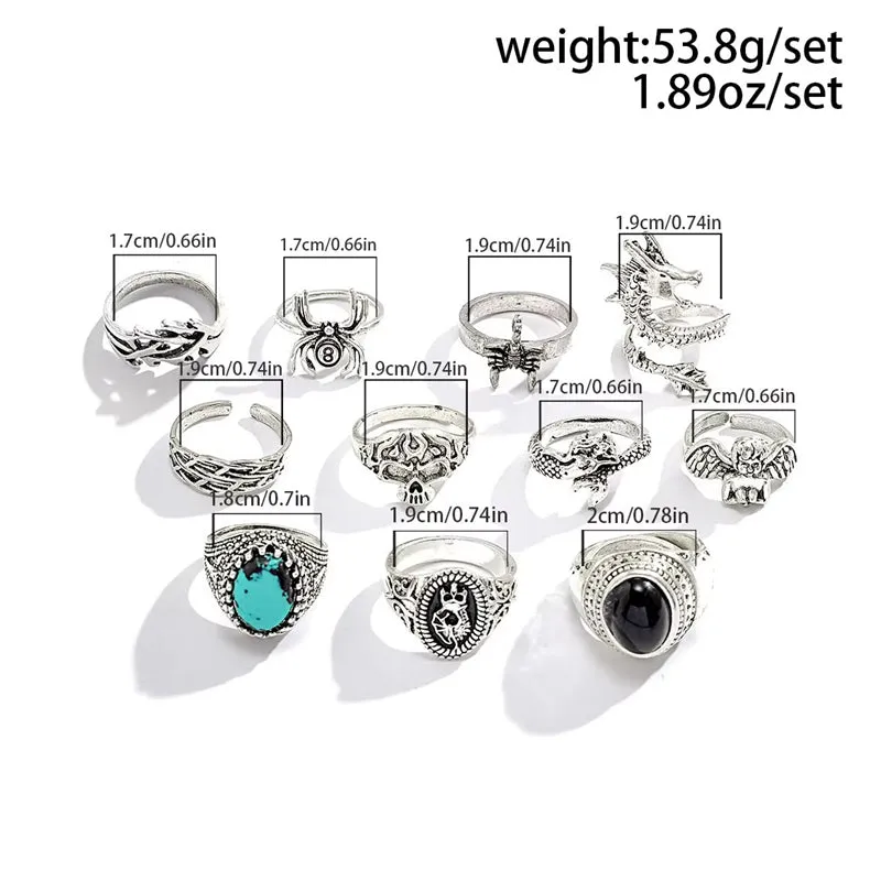 11Pcs/Set Retro Mermaid Angel Dragon Spider Hand-Carved Rings