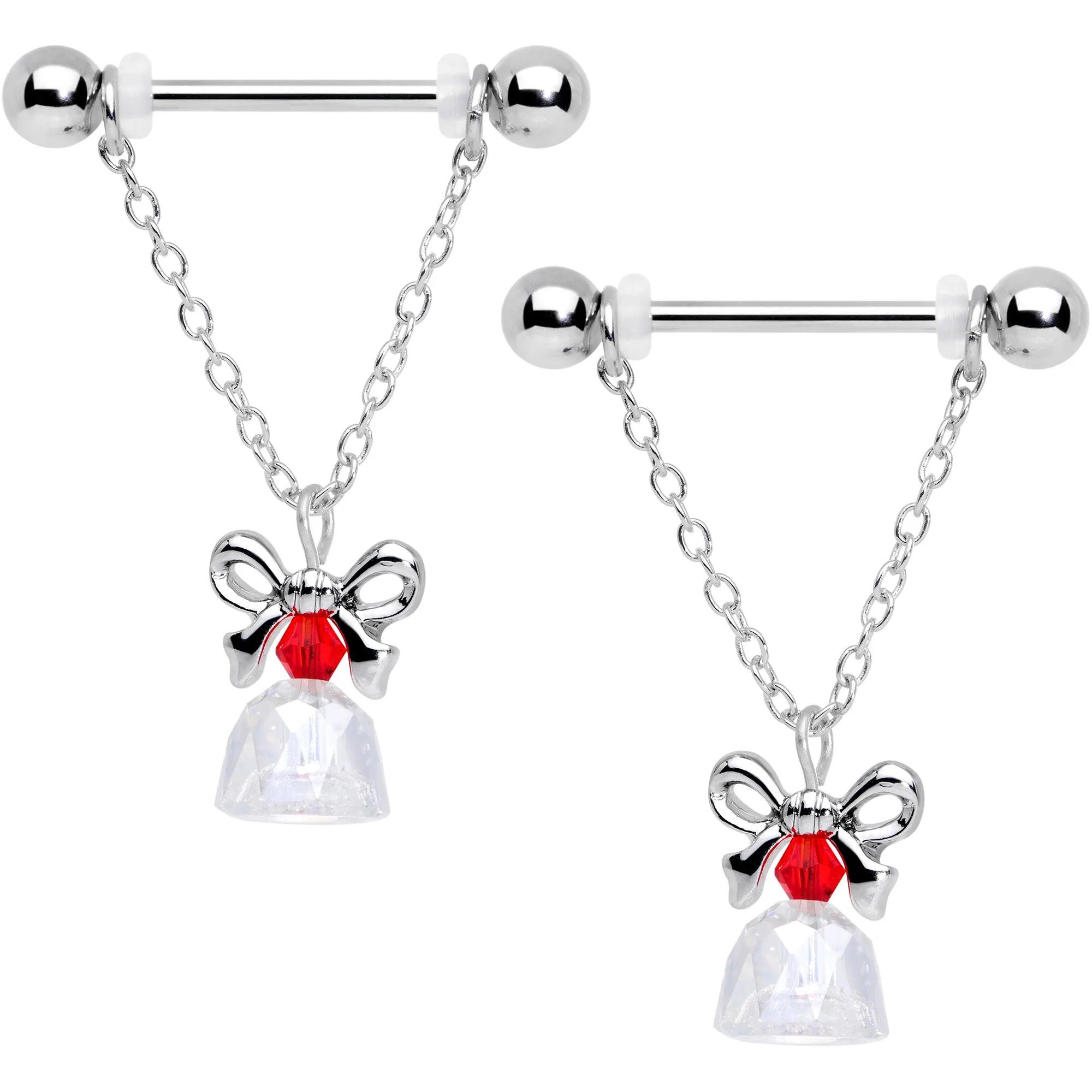 14 Gauge 11/16 Red Gem Bell Christmas Chain Dangle Nipple Ring Set