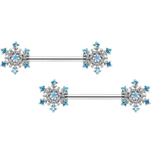 14 Gauge 9/16 Aqua Gem Snowflake Christmas Barbell Nipple Ring Set