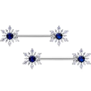 14 Gauge 9/16 Blue CZ Gem Snowflake Christmas Barbell Nipple Ring Set