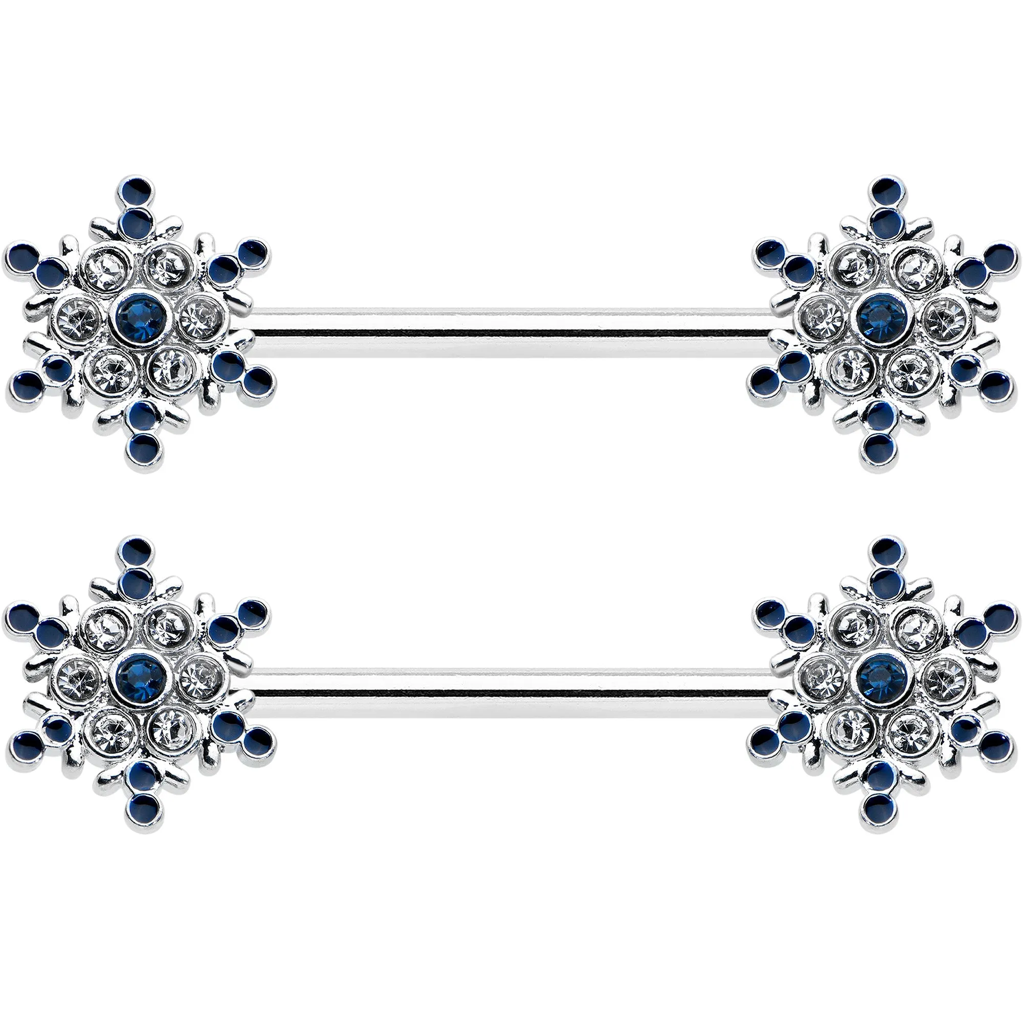 14 Gauge 9/16 Blue Gem Festive Snowflake Christmas Nipple Ring Set