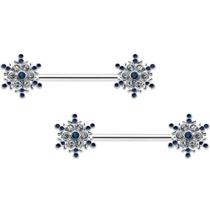 14 Gauge 9/16 Blue Gem Festive Snowflake Christmas Nipple Ring Set