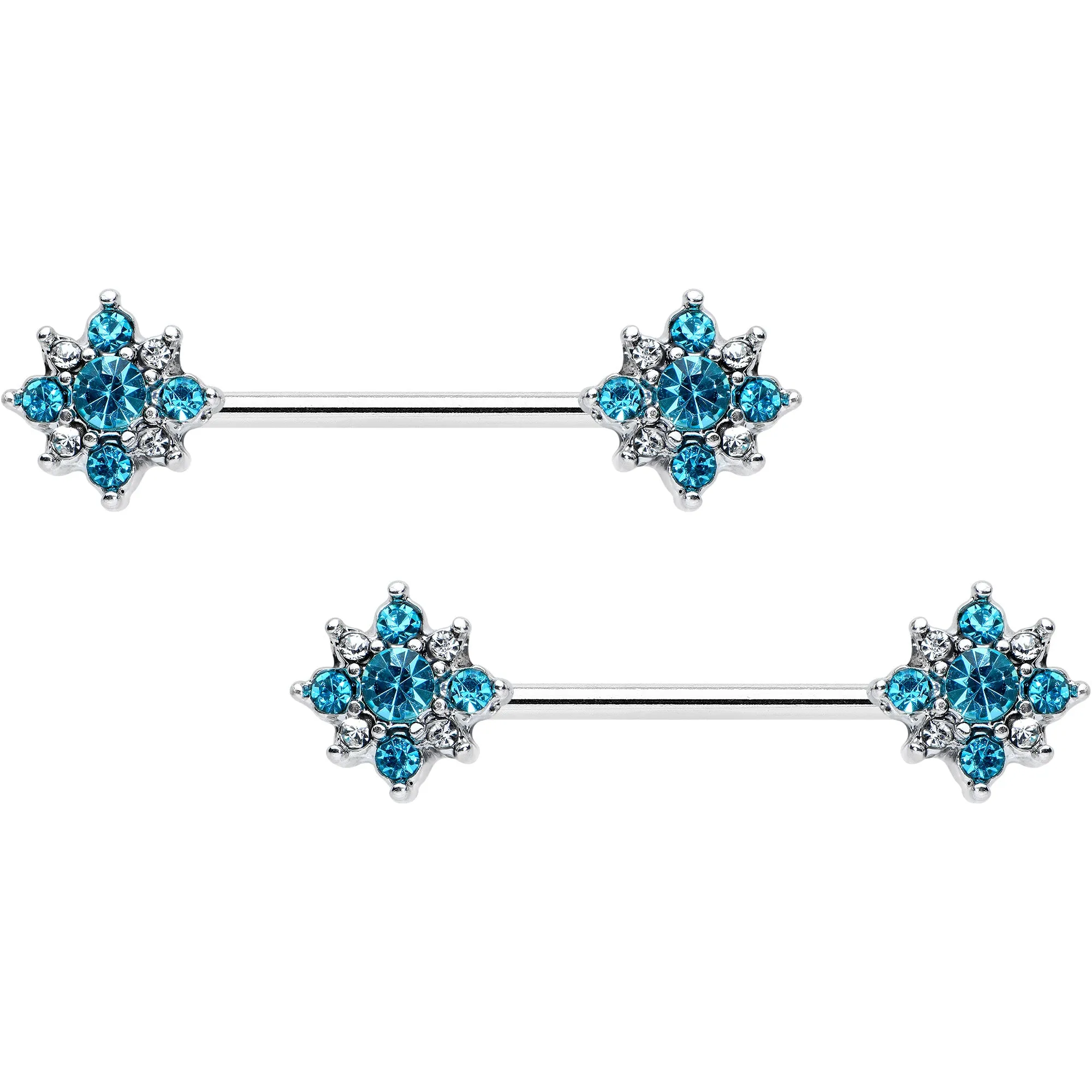 14 Gauge 9/16 Clear Blue Gem Opulent Flower Barbell Nipple Ring Set