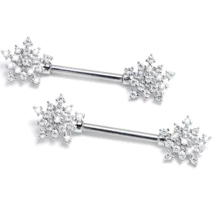14 Gauge 9/16 Clear Gem Classic Snowflake Barbell Nipple Ring Set