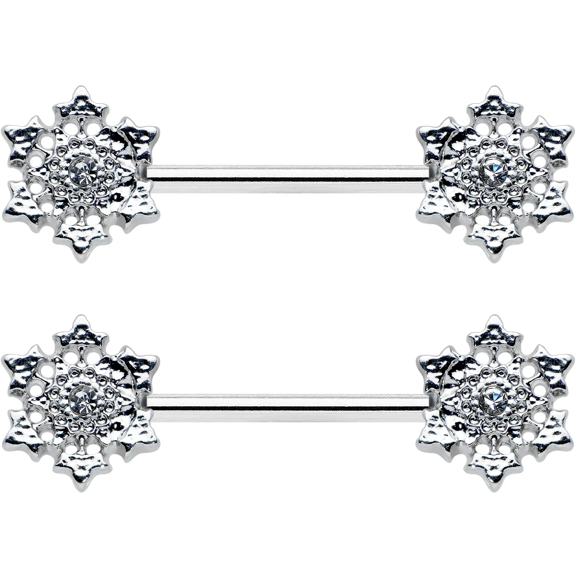 14 Gauge 9/16 Clear Gem Filigree Winter Snowflake Nipple Ring Set