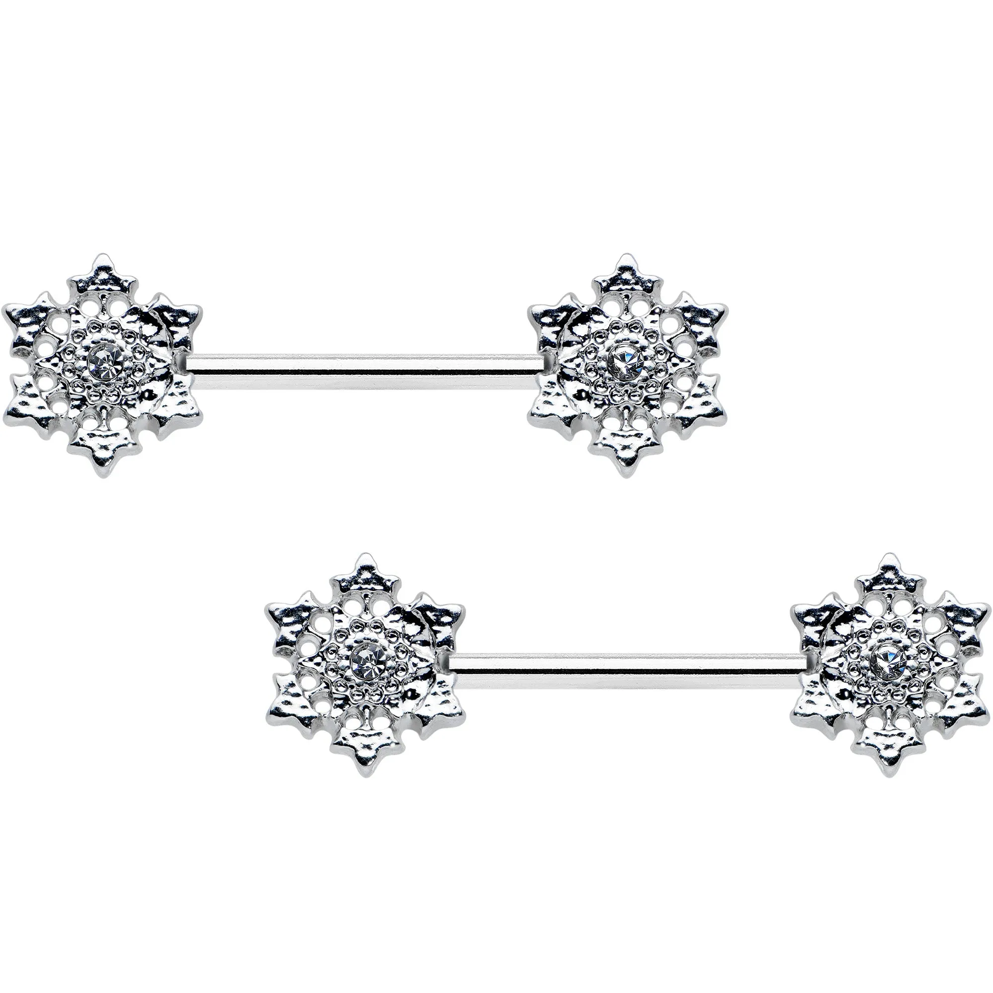 14 Gauge 9/16 Clear Gem Filigree Winter Snowflake Nipple Ring Set