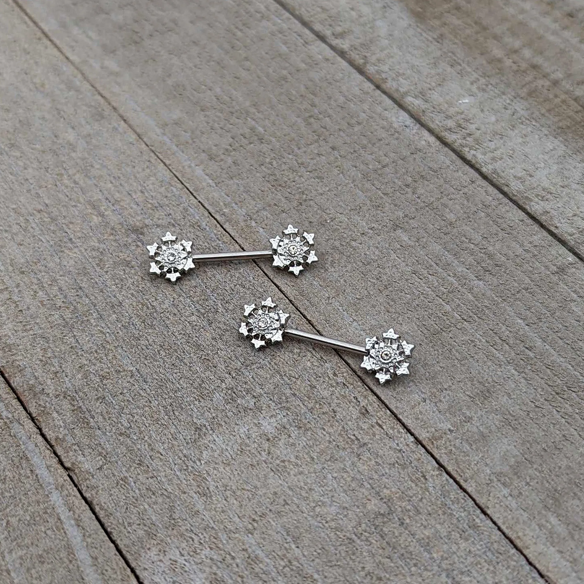14 Gauge 9/16 Clear Gem Filigree Winter Snowflake Nipple Ring Set