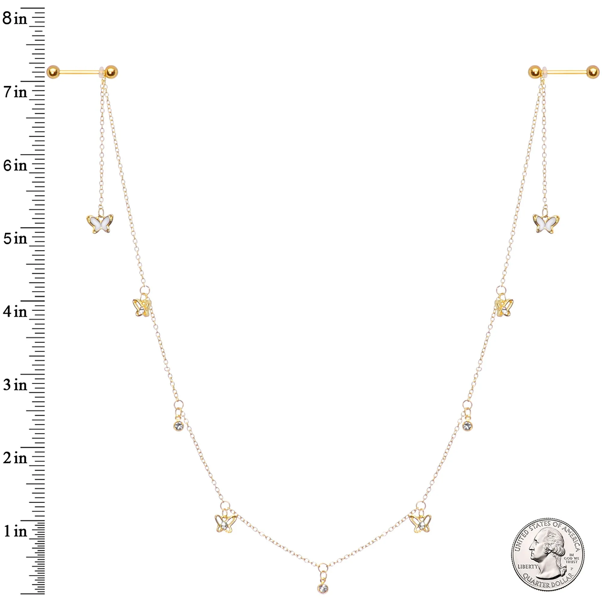 14 Gauge 9/16 Clear Gem Gold Tone Butterfly Dangle Nipple Chain