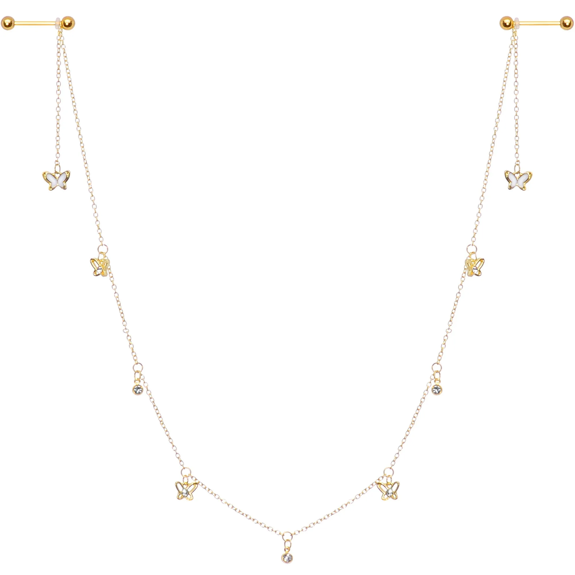 14 Gauge 9/16 Clear Gem Gold Tone Butterfly Dangle Nipple Chain