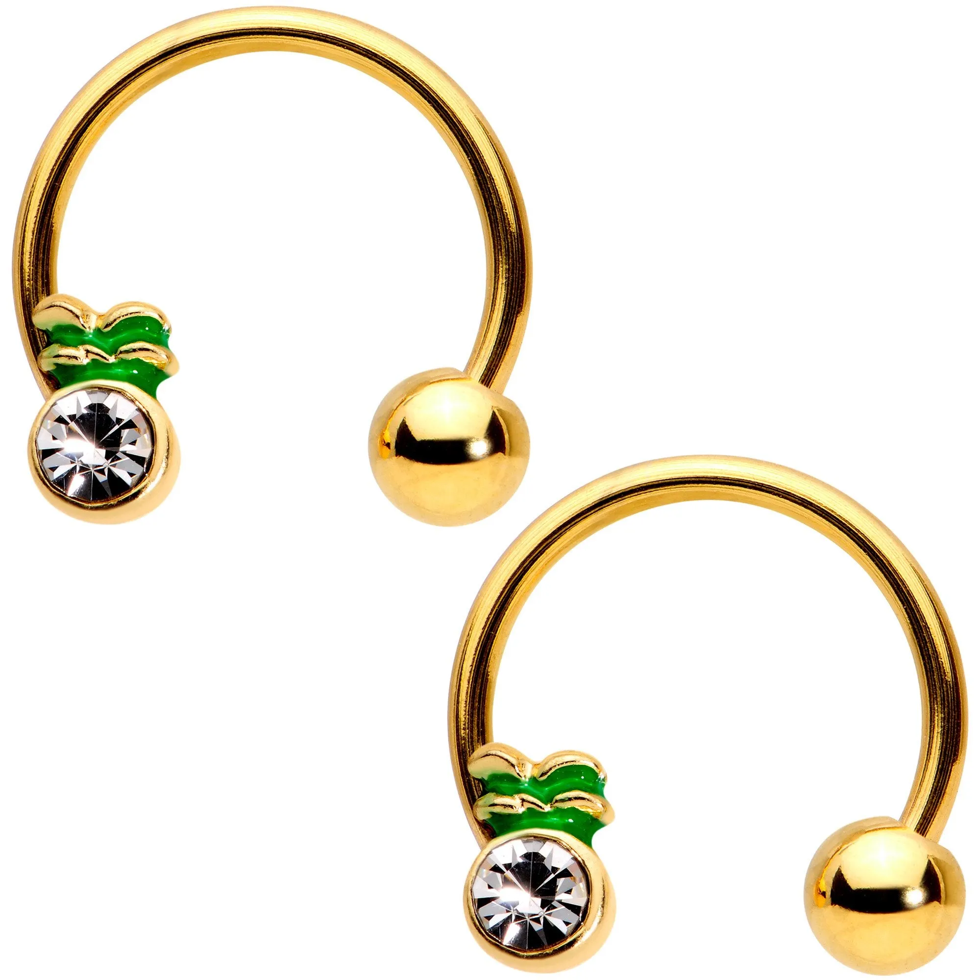 14 Gauge 9/16 Clear Gem Gold Tone Pineapple Horseshoe Nipple Ring Set