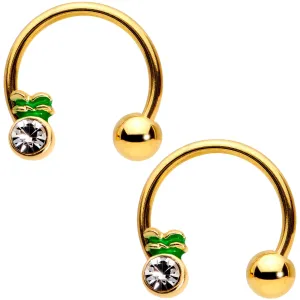 14 Gauge 9/16 Clear Gem Gold Tone Pineapple Horseshoe Nipple Ring Set