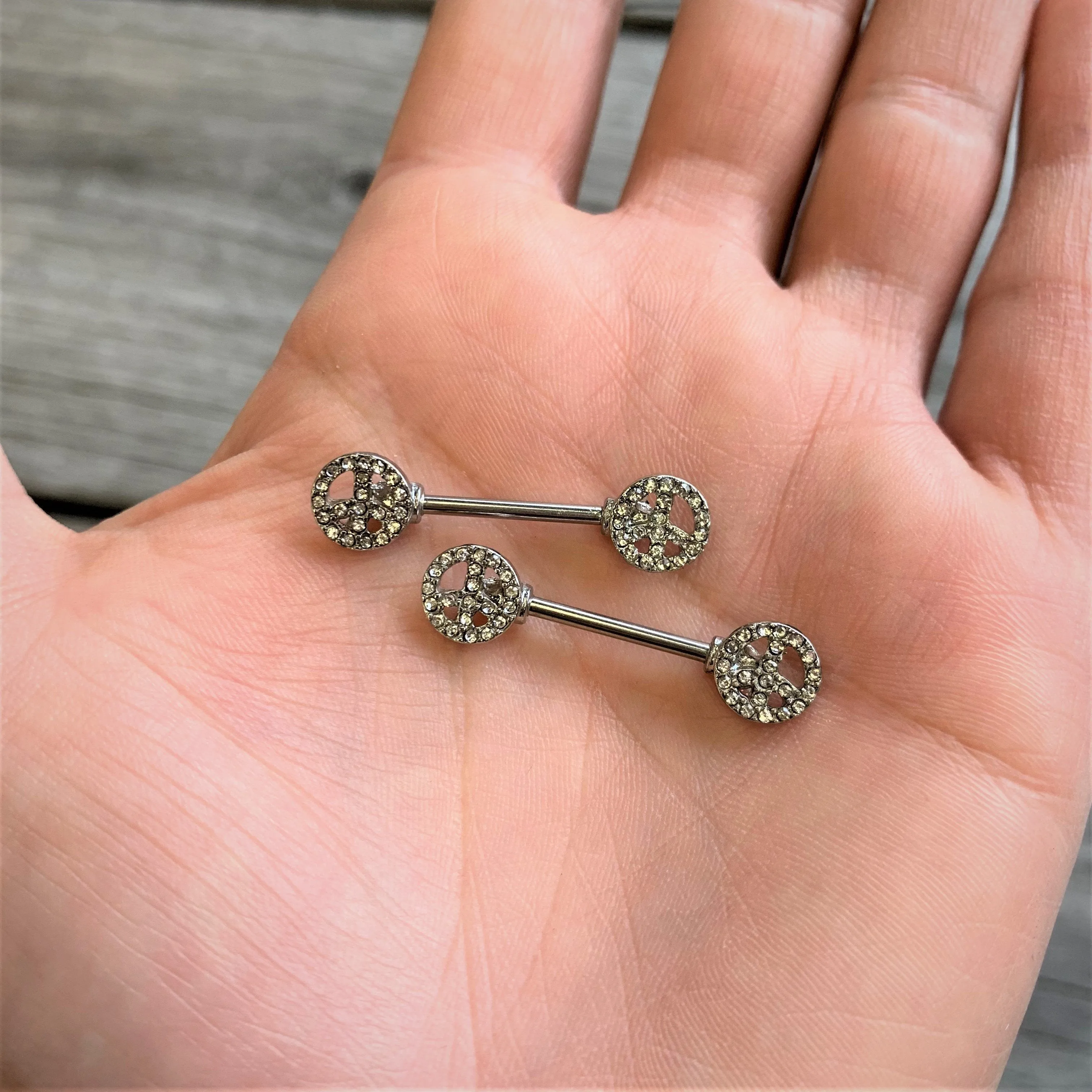 14 Gauge 9/16 Clear Gem Retro Peace Sign Barbell Nipple Ring Set