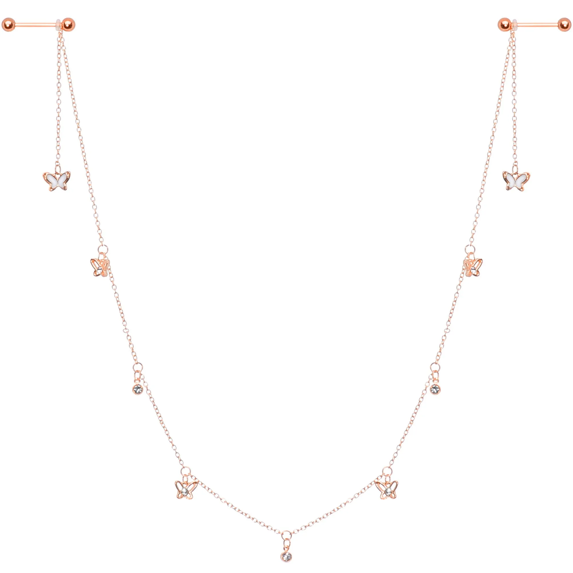 14 Gauge 9/16 Clear Gem Rose Gold Tone Butterfly Dangle Nipple Chain