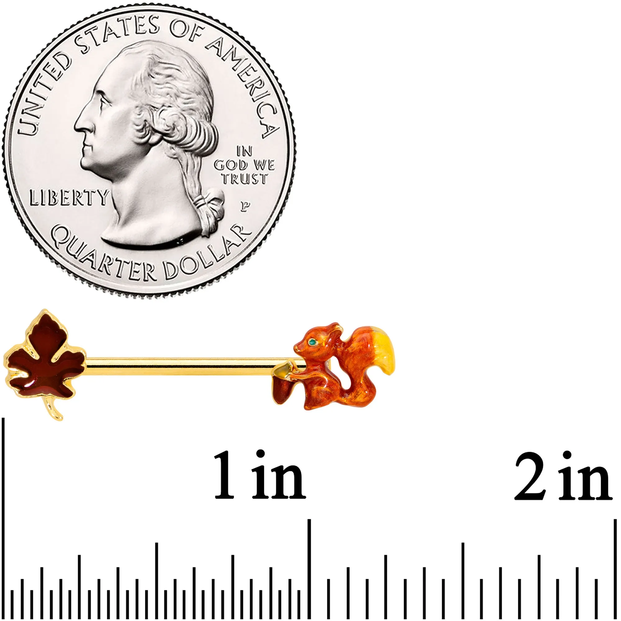14 Gauge 9/16 Gold Tone Happy Squirrel Autumn Barbell Nipple Ring Set