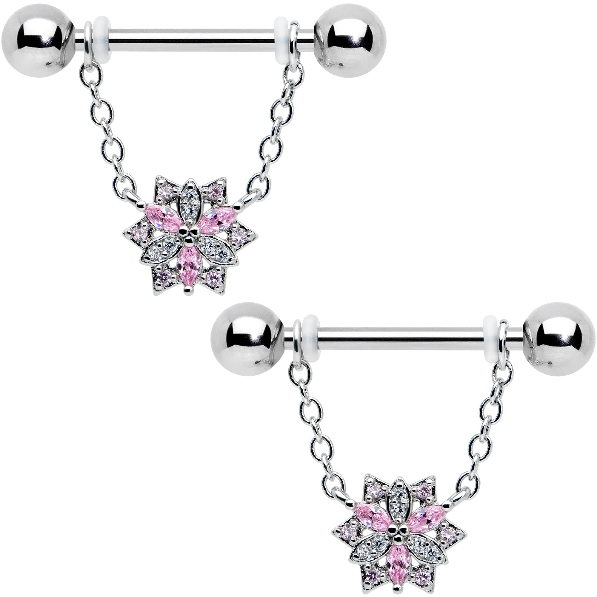 14 Gauge 9/16 Pink Clear CZ Gem Snowflake Chain Dangle Nipple Ring Set