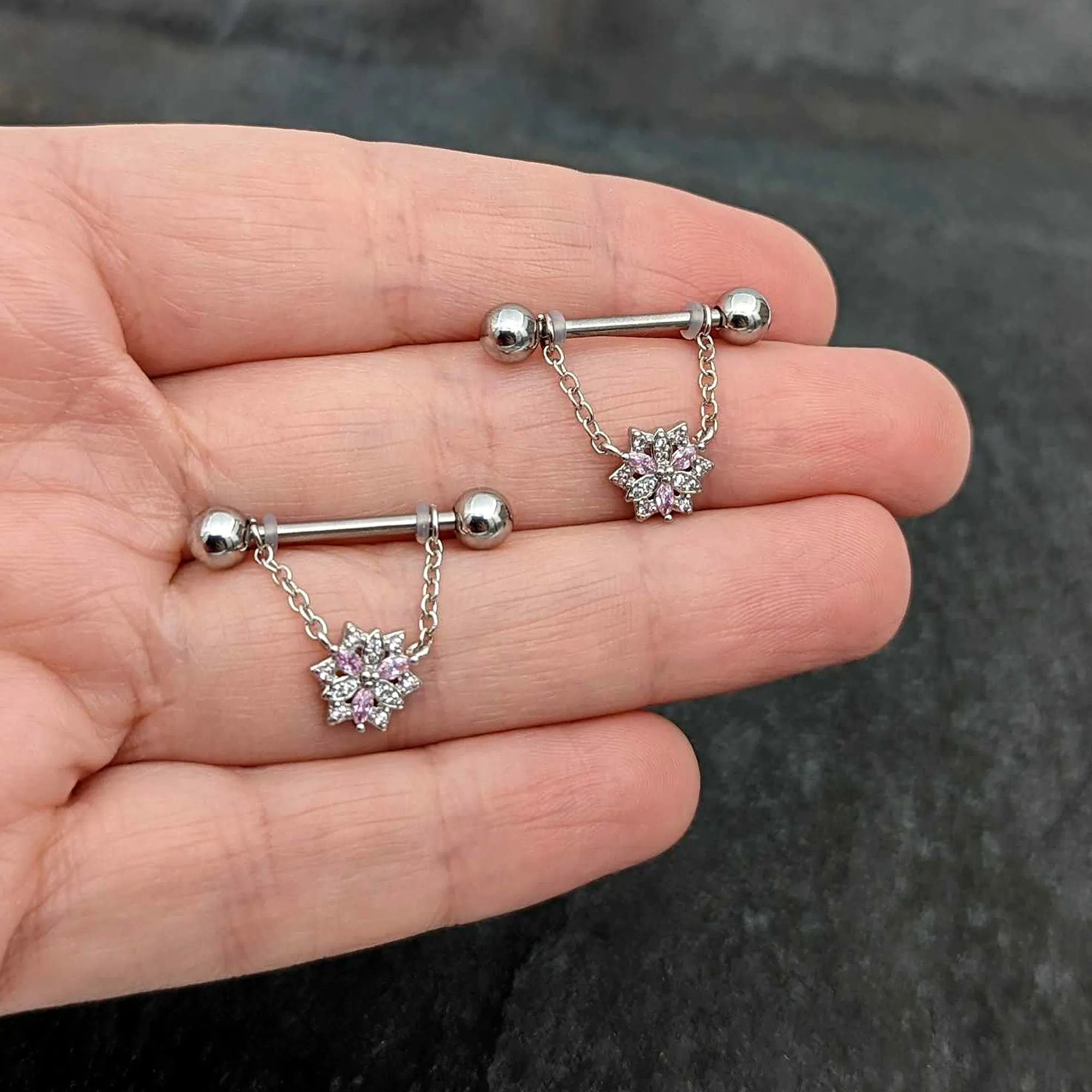 14 Gauge 9/16 Pink Clear CZ Gem Snowflake Chain Dangle Nipple Ring Set