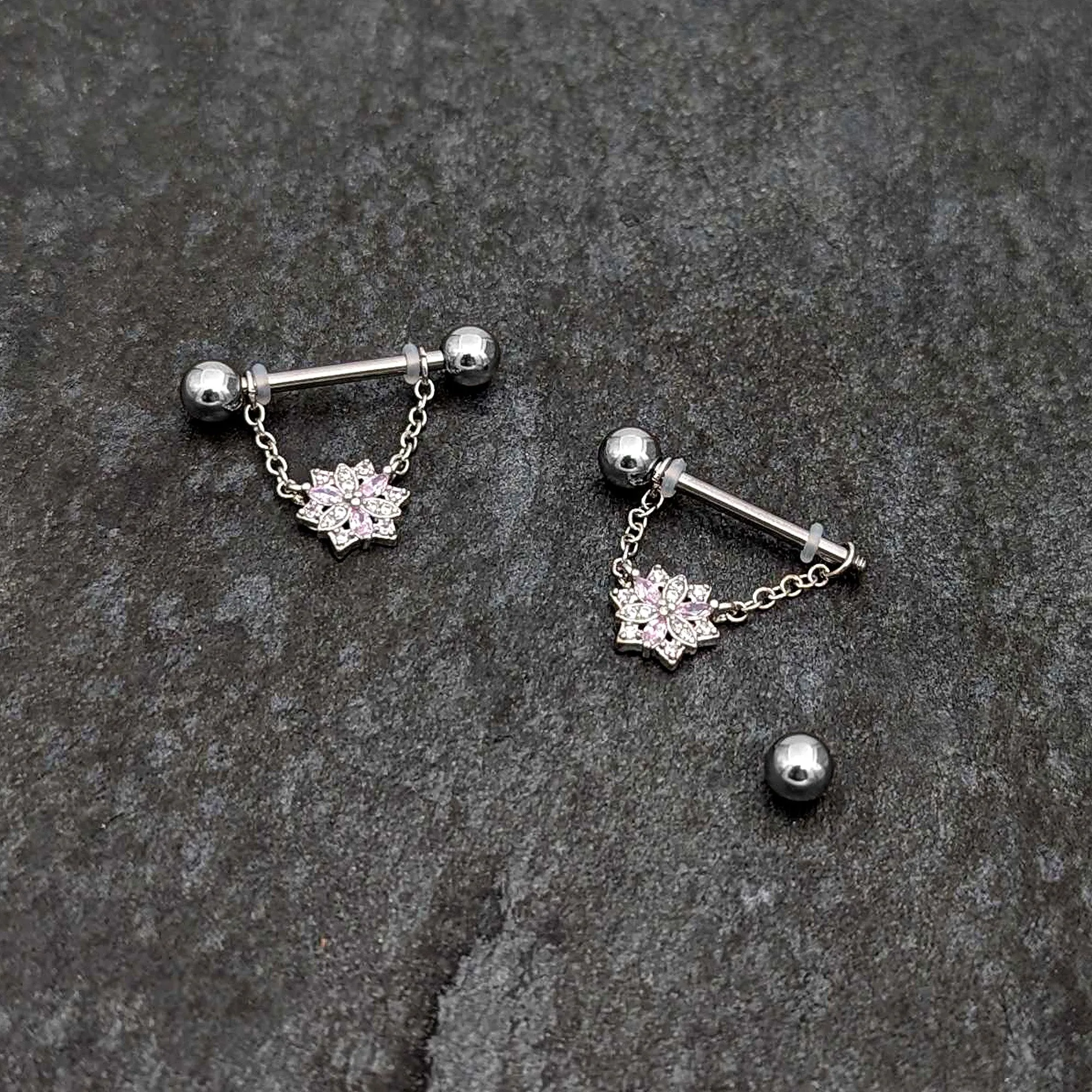 14 Gauge 9/16 Pink Clear CZ Gem Snowflake Chain Dangle Nipple Ring Set