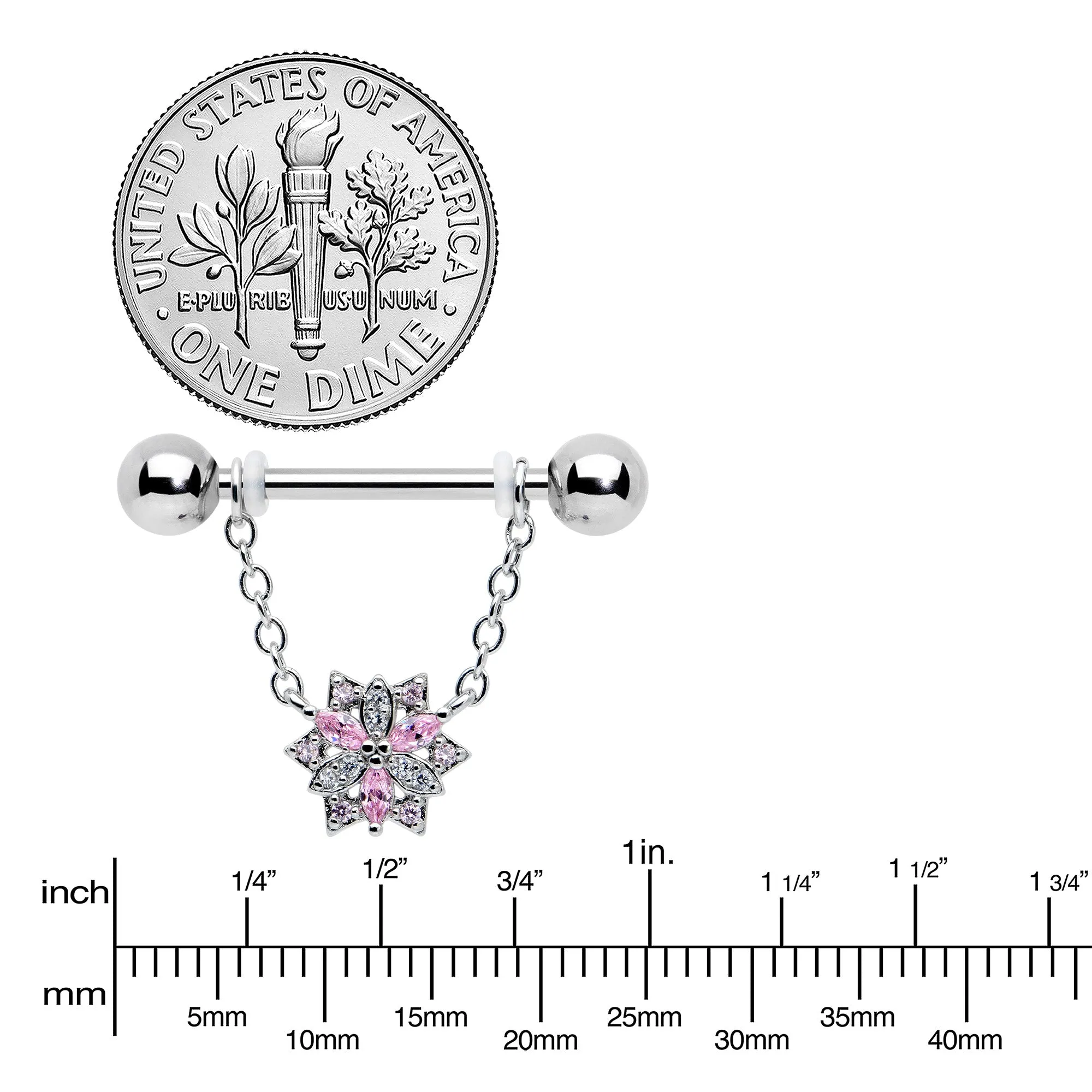 14 Gauge 9/16 Pink Clear CZ Gem Snowflake Chain Dangle Nipple Ring Set