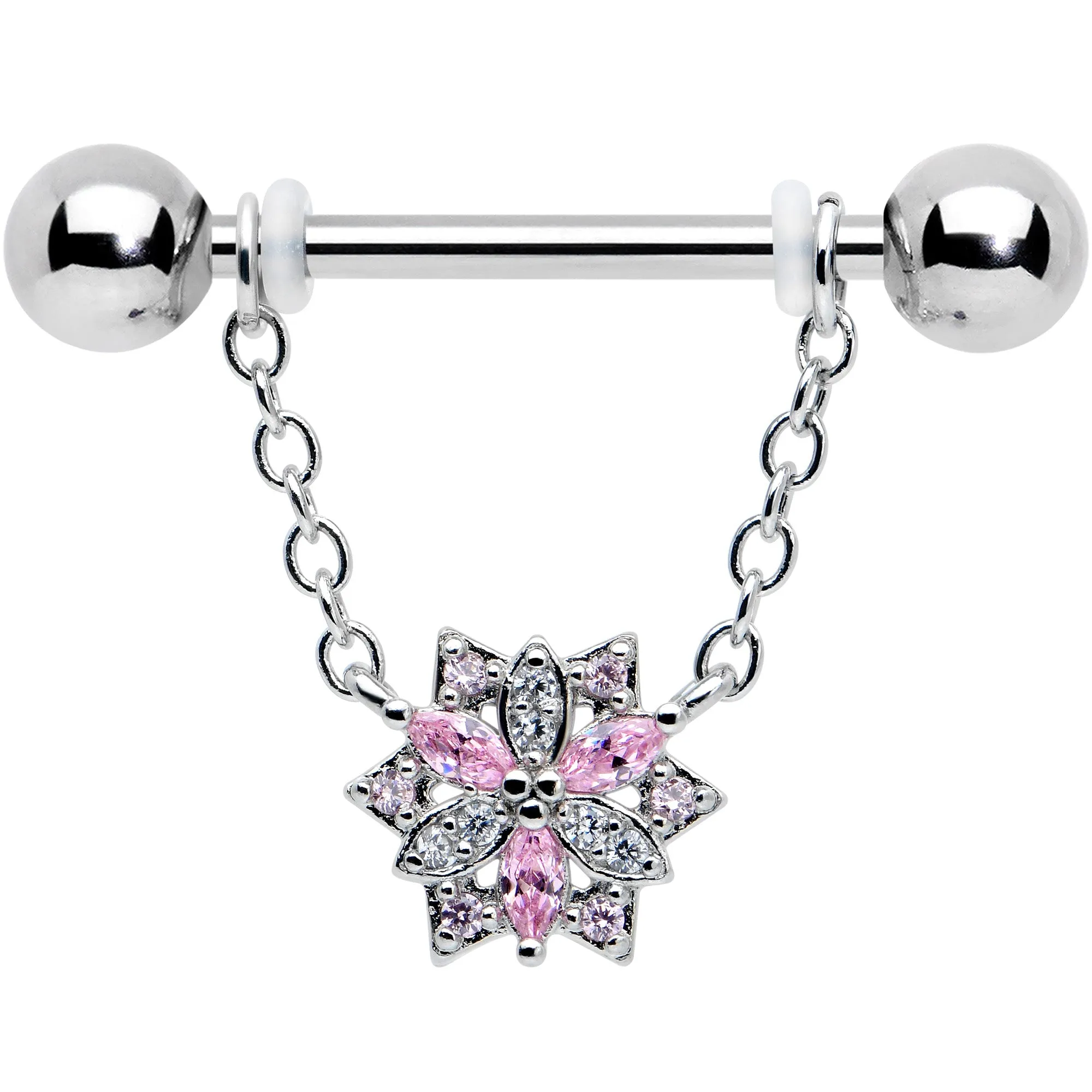 14 Gauge 9/16 Pink Clear CZ Gem Snowflake Chain Dangle Nipple Ring Set