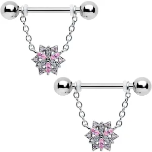 14 Gauge 9/16 Pink Clear CZ Gem Snowflake Chain Dangle Nipple Ring Set