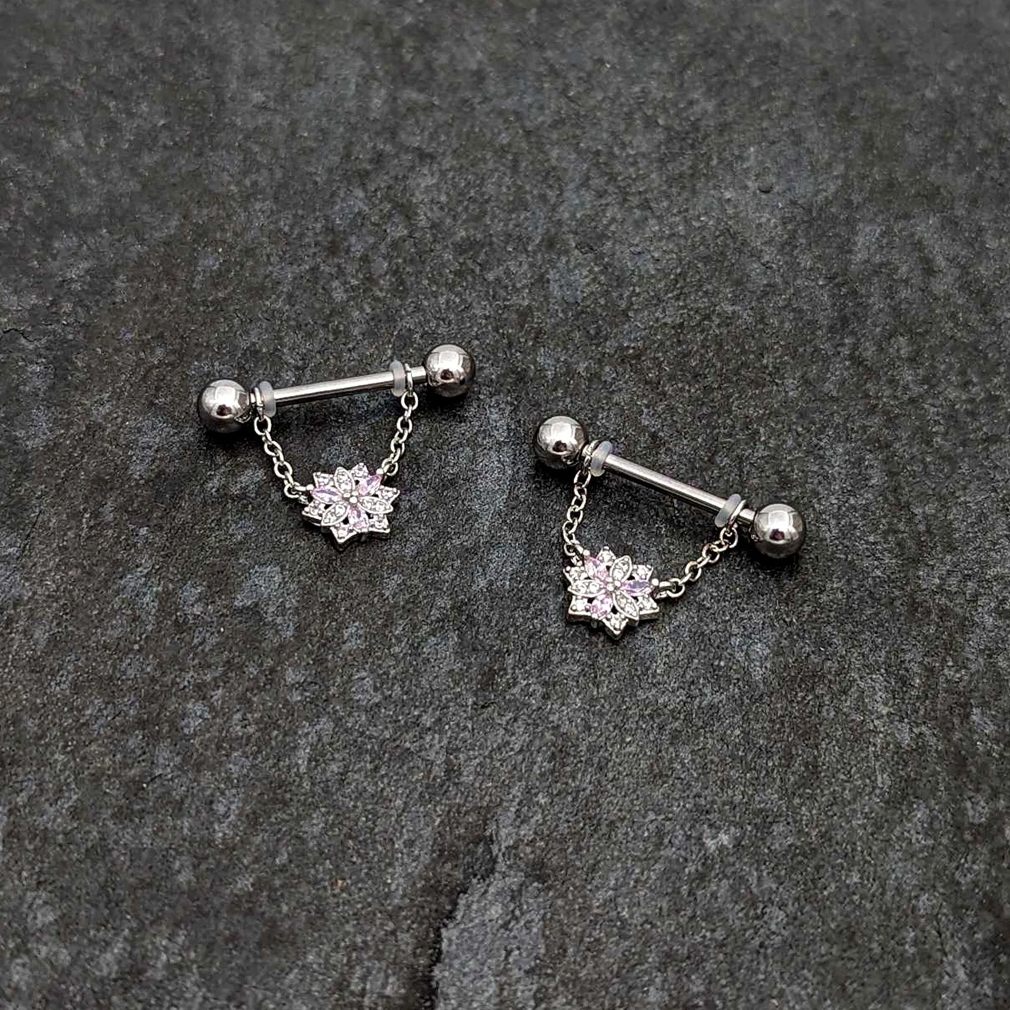 14 Gauge 9/16 Pink Clear CZ Gem Snowflake Chain Dangle Nipple Ring Set