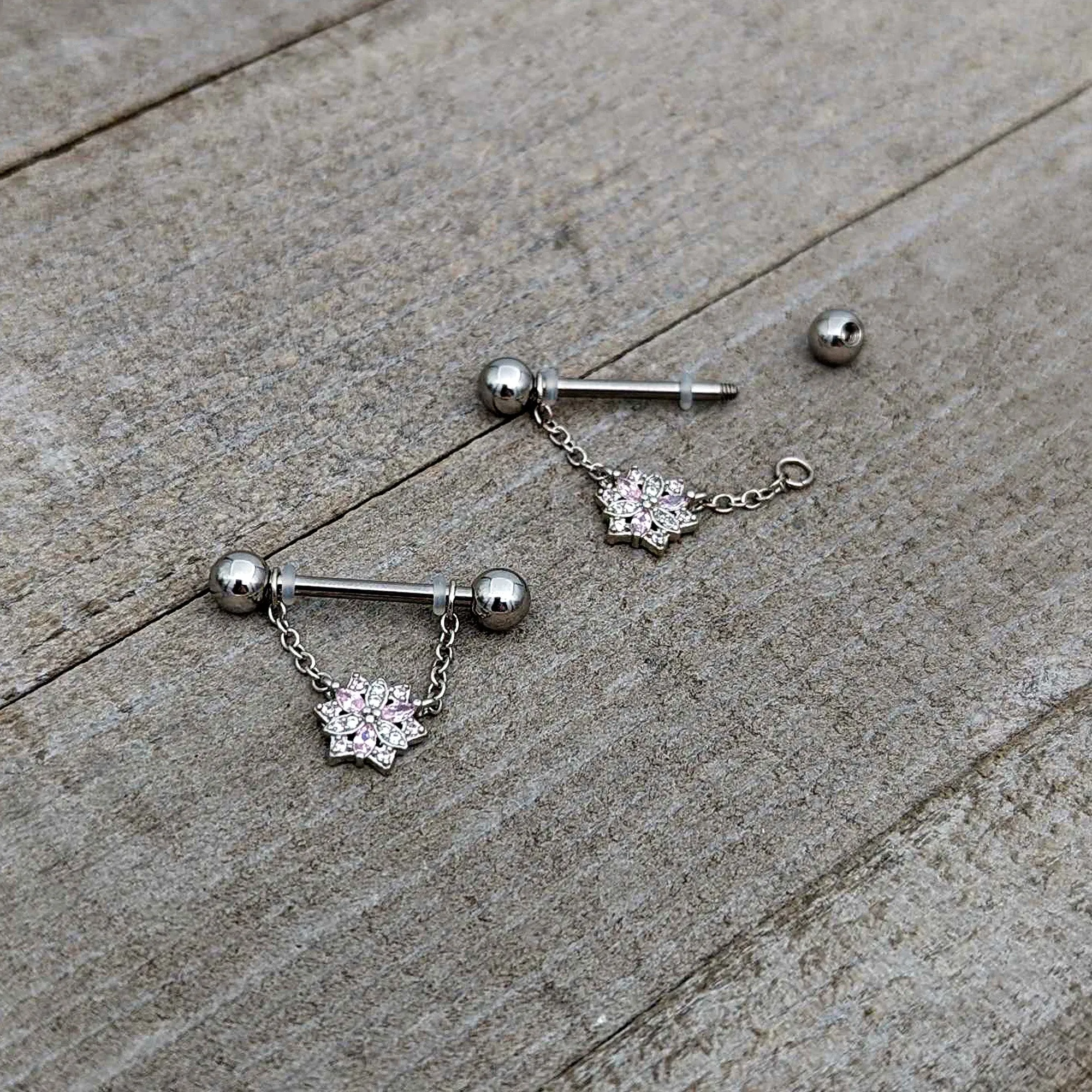 14 Gauge 9/16 Pink Clear CZ Gem Snowflake Chain Dangle Nipple Ring Set