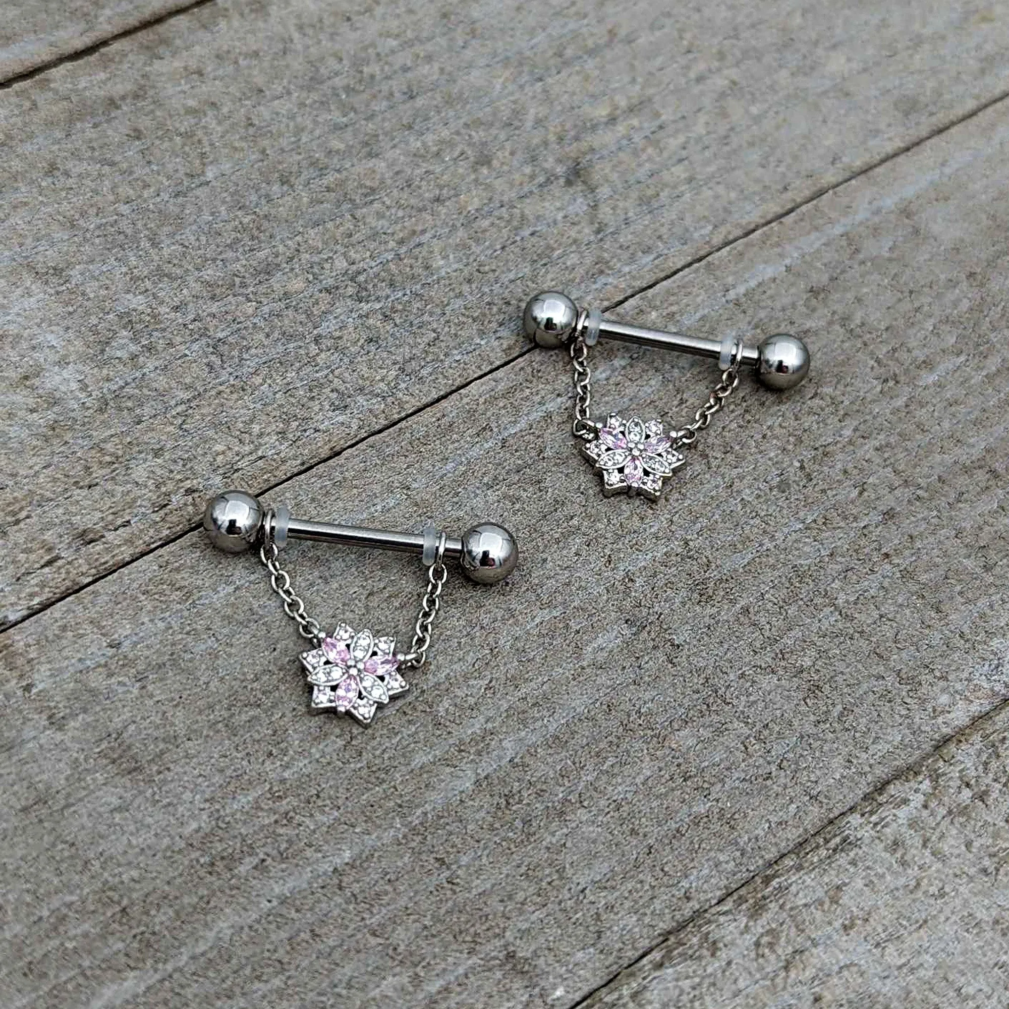 14 Gauge 9/16 Pink Clear CZ Gem Snowflake Chain Dangle Nipple Ring Set