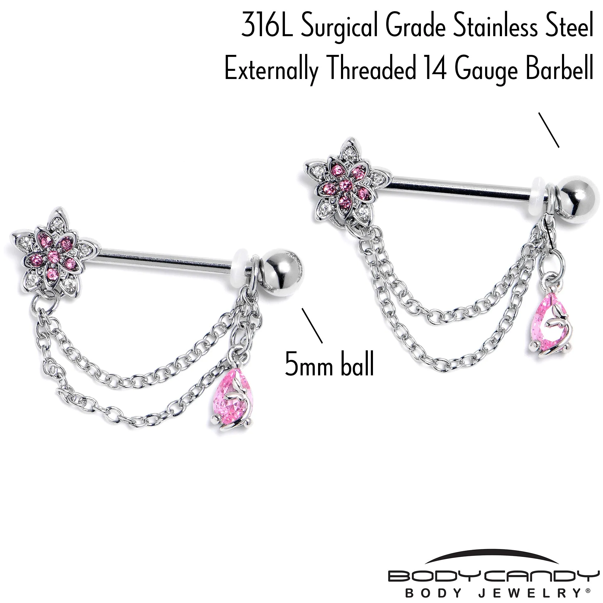 14 Gauge 9/16 Pink CZ Gem Snowflake Flower Chain Dangle Nipple Ring Set