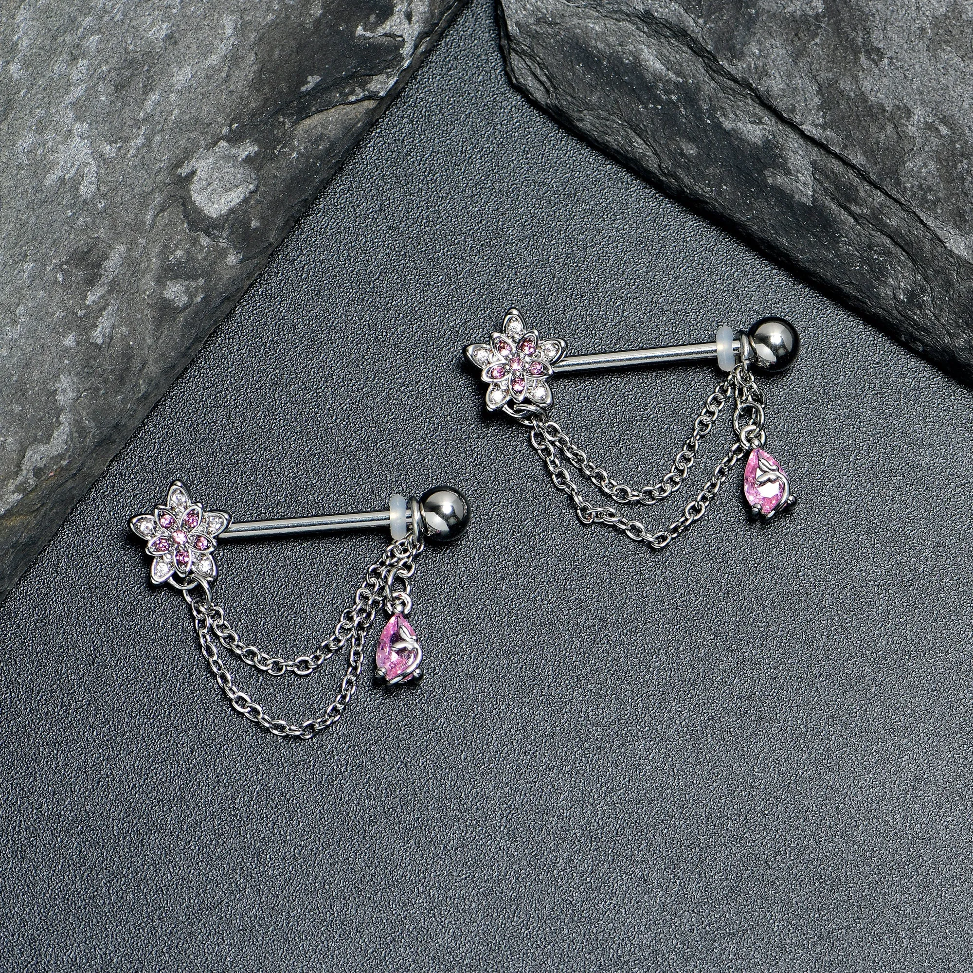 14 Gauge 9/16 Pink CZ Gem Snowflake Flower Chain Dangle Nipple Ring Set