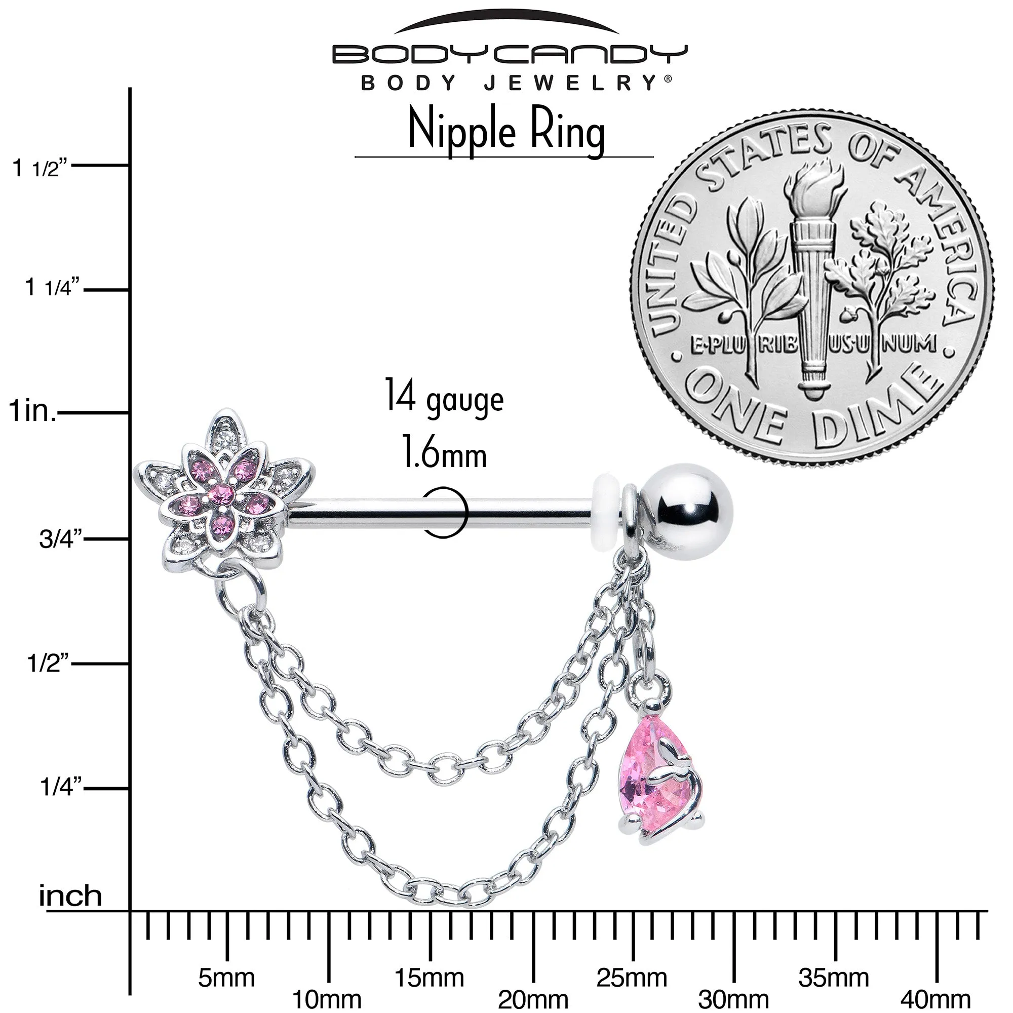 14 Gauge 9/16 Pink CZ Gem Snowflake Flower Chain Dangle Nipple Ring Set