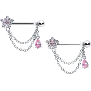 14 Gauge 9/16 Pink CZ Gem Snowflake Flower Chain Dangle Nipple Ring Set