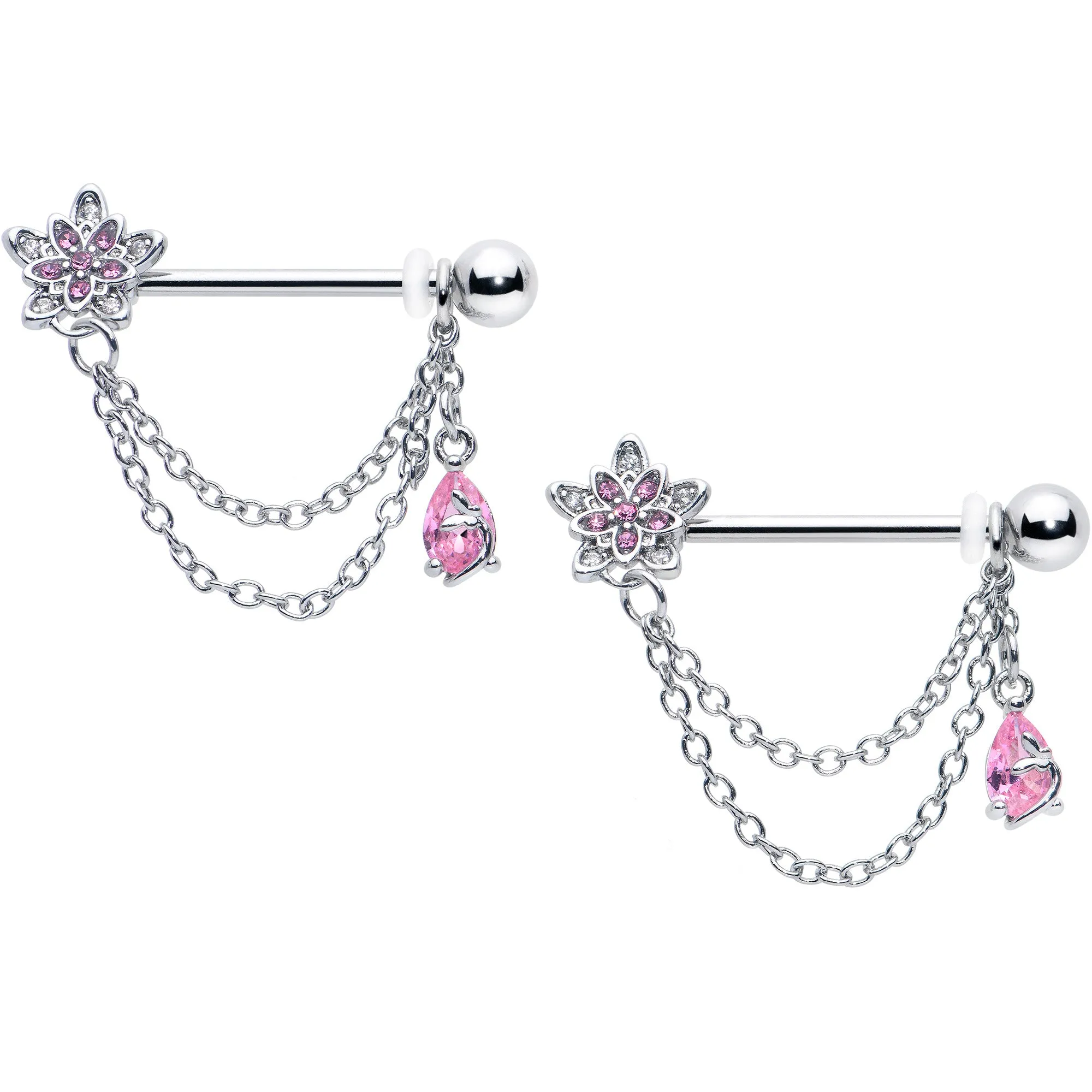 14 Gauge 9/16 Pink CZ Gem Snowflake Flower Chain Dangle Nipple Ring Set