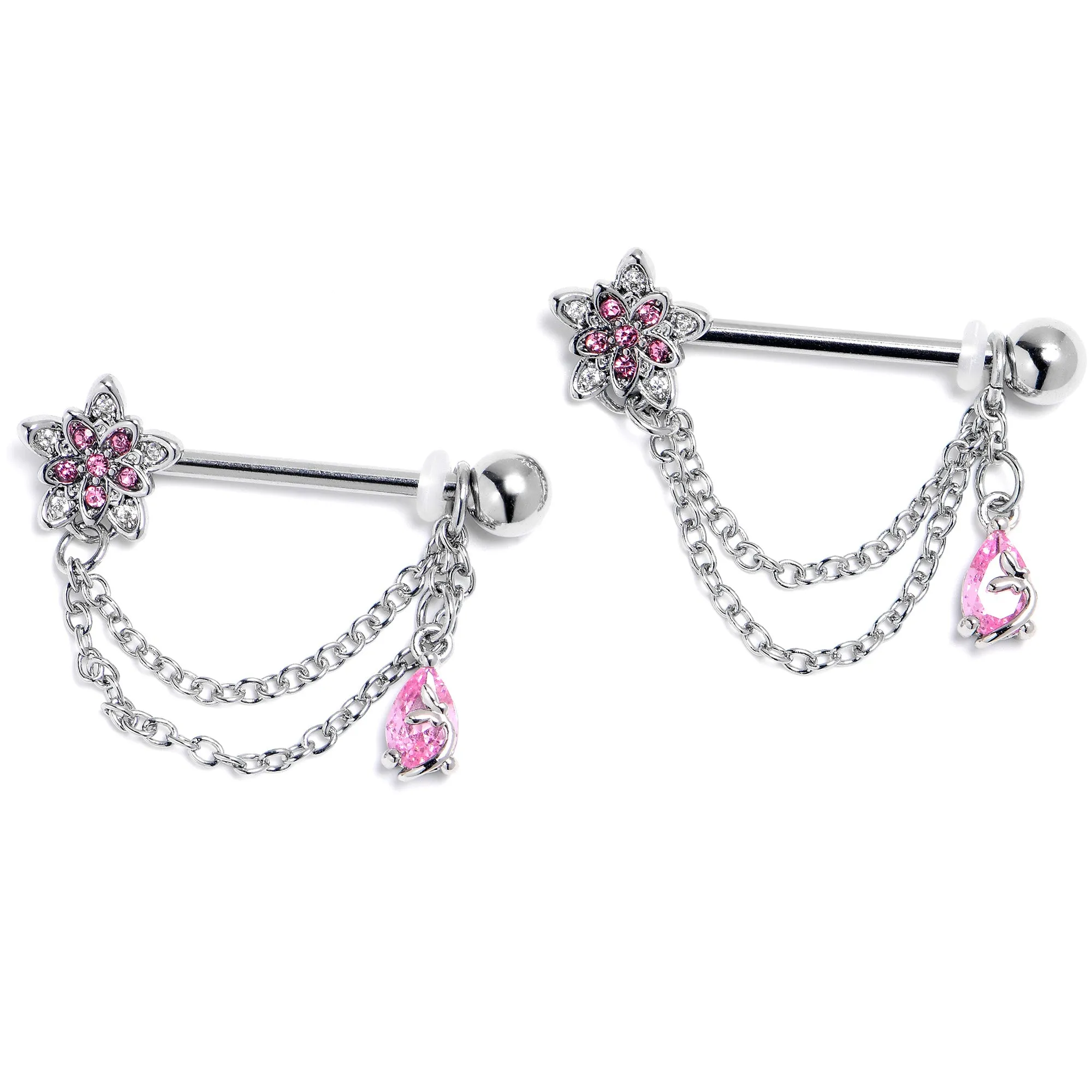 14 Gauge 9/16 Pink CZ Gem Snowflake Flower Chain Dangle Nipple Ring Set