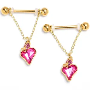 14 Gauge 9/16 Pink Gem Gold Tone Strawberry Love Dangle Nipple Ring Set