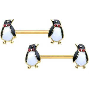 14 Gauge 9/16 Red Gem Gold Hue Bow Tie Penguin Barbell Nipple Ring Set