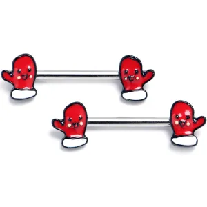 14 Gauge 9/16 Winter Mitten Red White Barbell Nipple Ring Set