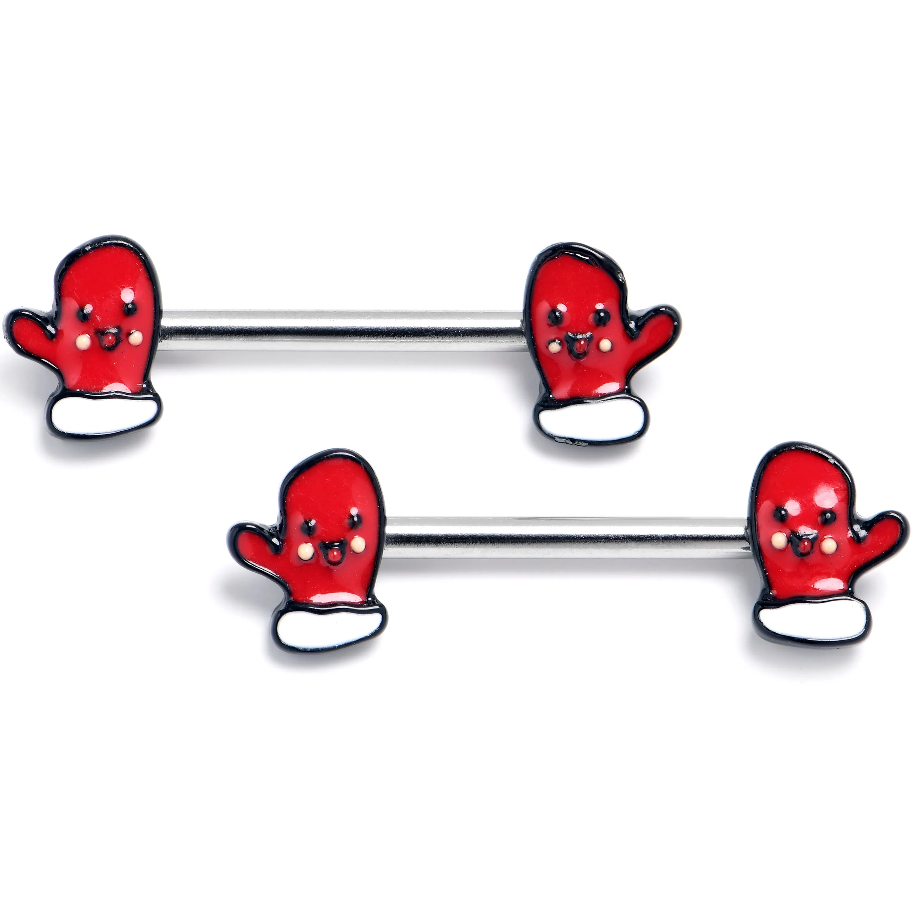 14 Gauge 9/16 Winter Mitten Red White Barbell Nipple Ring Set