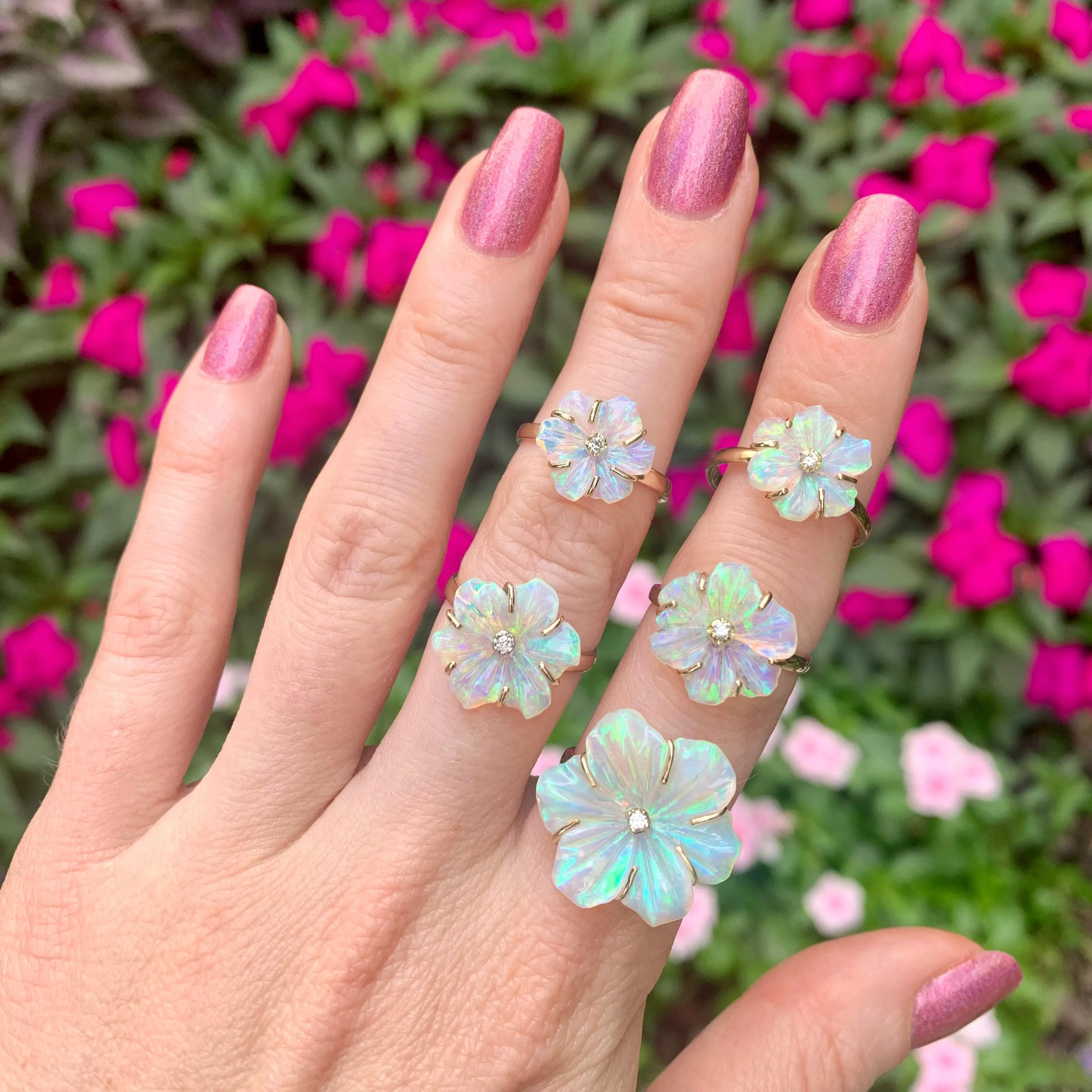 14k Crystal Opal Flower Rings