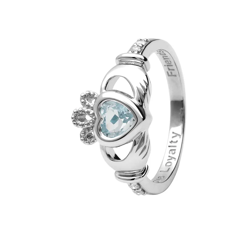 14K Gold Claddagh March Birthstone Ring Genuine Aquamarine and Diamonds - 14L90AQ
