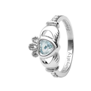 14K Gold Claddagh March Birthstone Ring Genuine Aquamarine and Diamonds - 14L90AQ