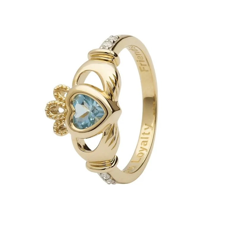 14K Gold Claddagh March Birthstone Ring Genuine Aquamarine and Diamonds - 14L90AQ