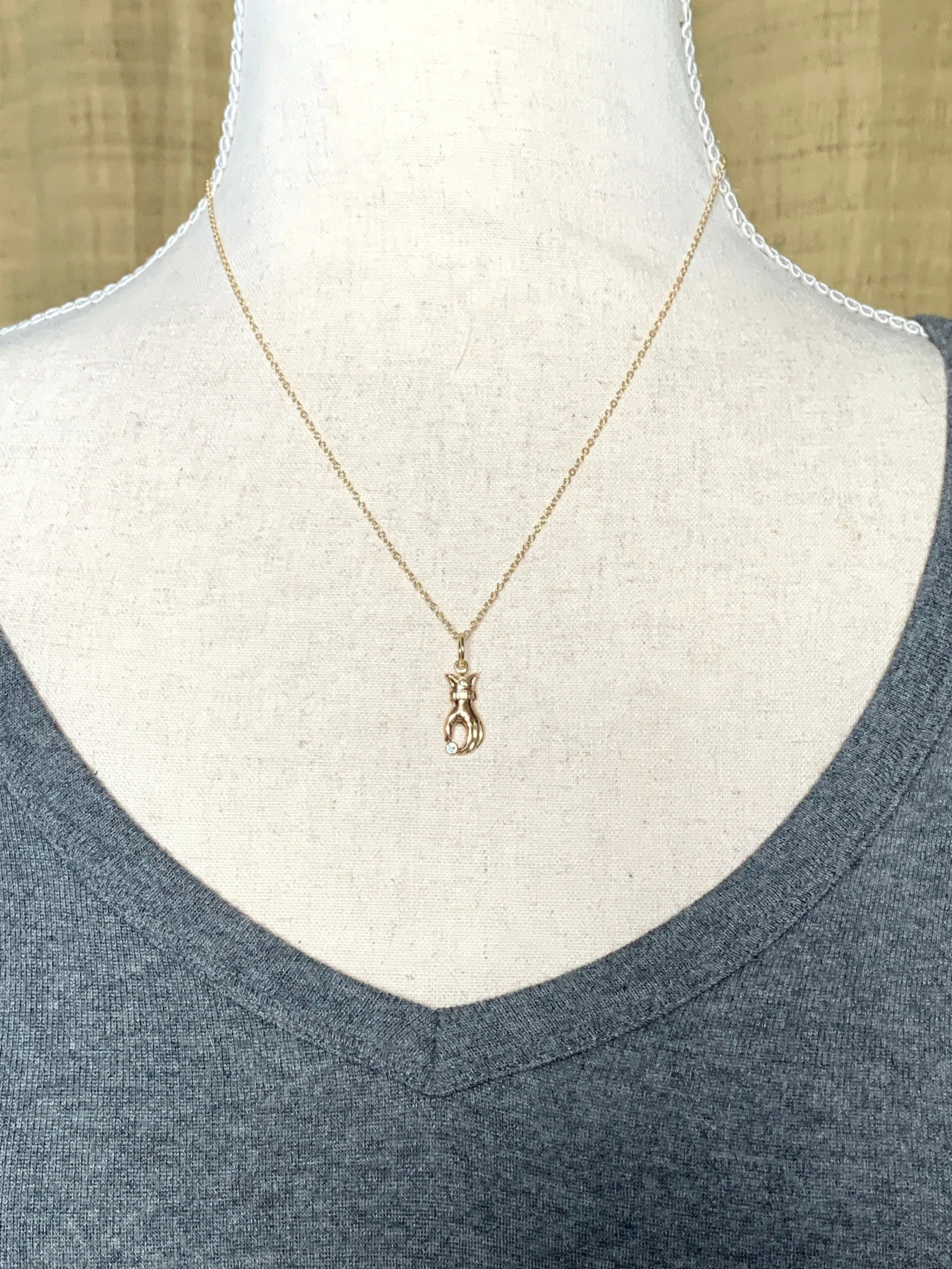 14K Gold Hand Charm with Diamond, Victorian Hand, gold charm