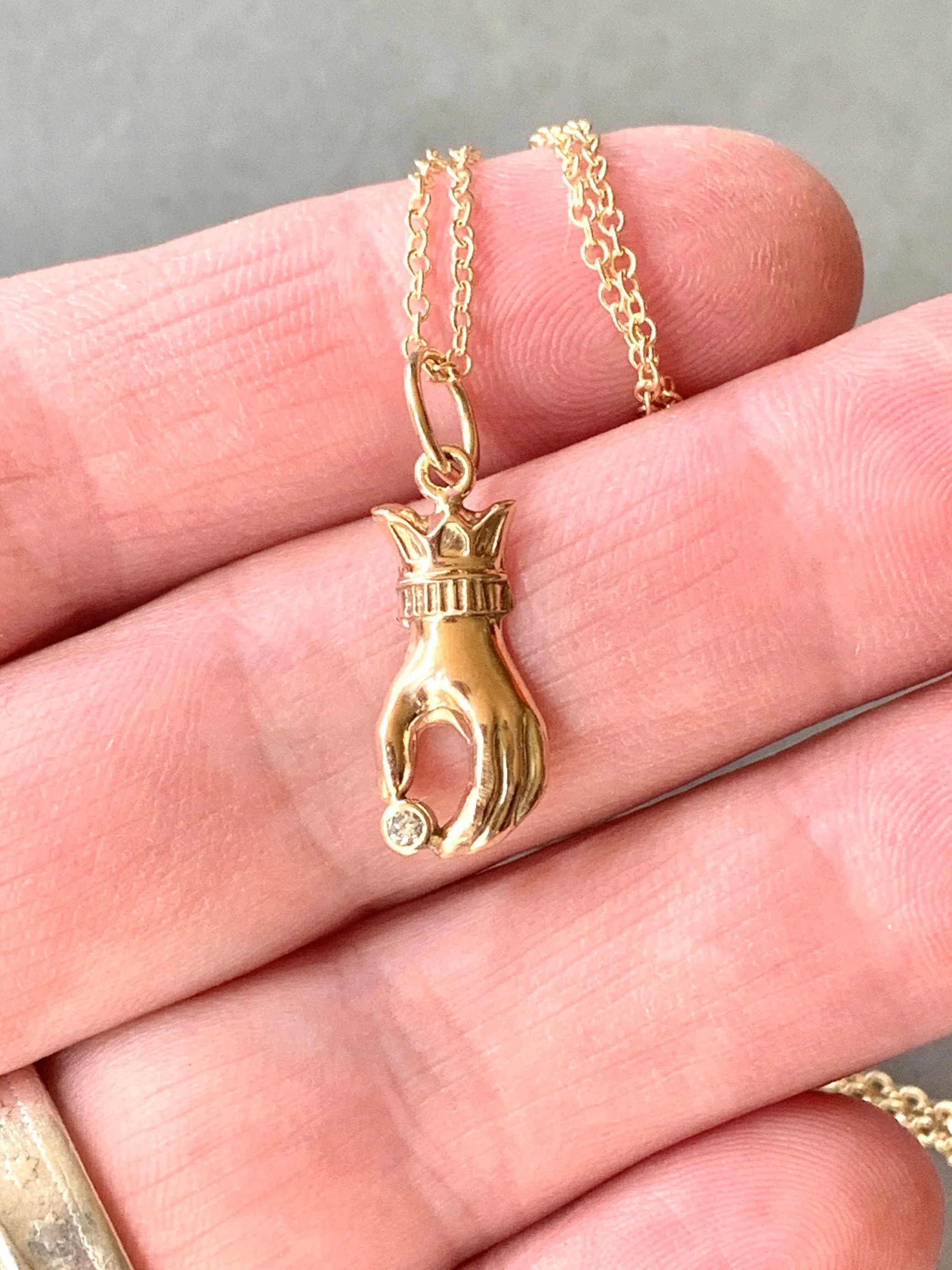 14K Gold Hand Charm with Diamond, Victorian Hand, gold charm