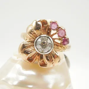 14K Rose Gold Old Mine Cut Diamond and Ruby Flower Ring